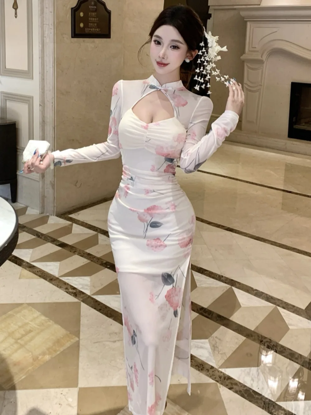 

New Chinese Sle Floral Embroidered Hollow out Slimming Dr Women's Long Sve High Slit Qipao Dr Sexy Ele