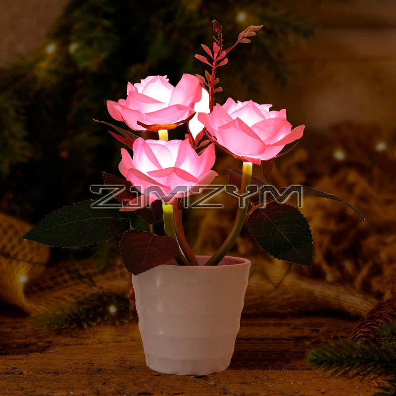 LED Rose Flower Lamp Simulation Bonsai Flowerpot Potted Plant Atmosphere Light Home Office Living Room Decor