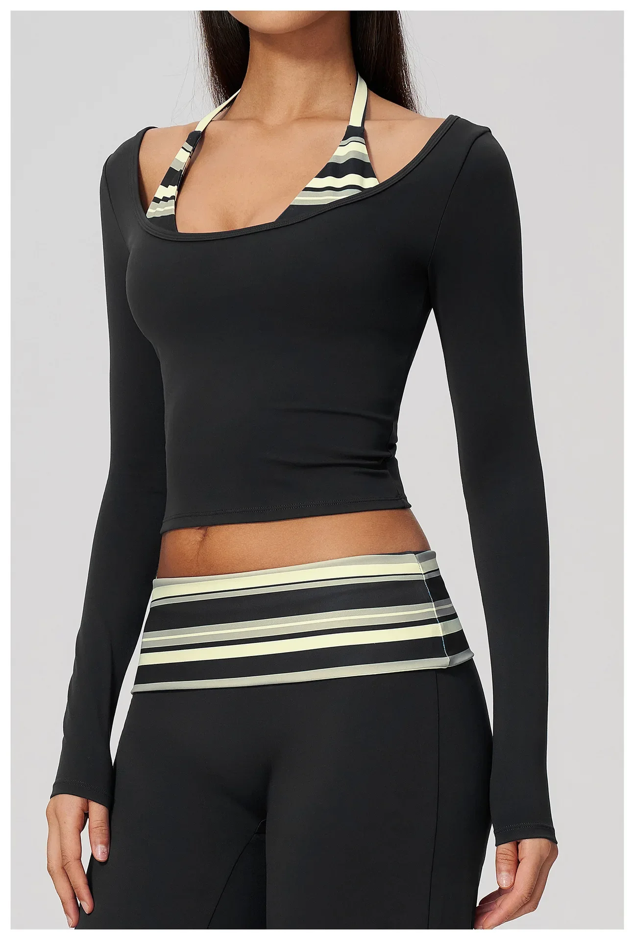 Yoga Langarm-Fitness-Top, Gym-Workout, Damen-Top mit Neckholder, Streifenmuster, kurzes, aktives Shirt, atmungsaktiv, für Sport und Training – Detail 26
