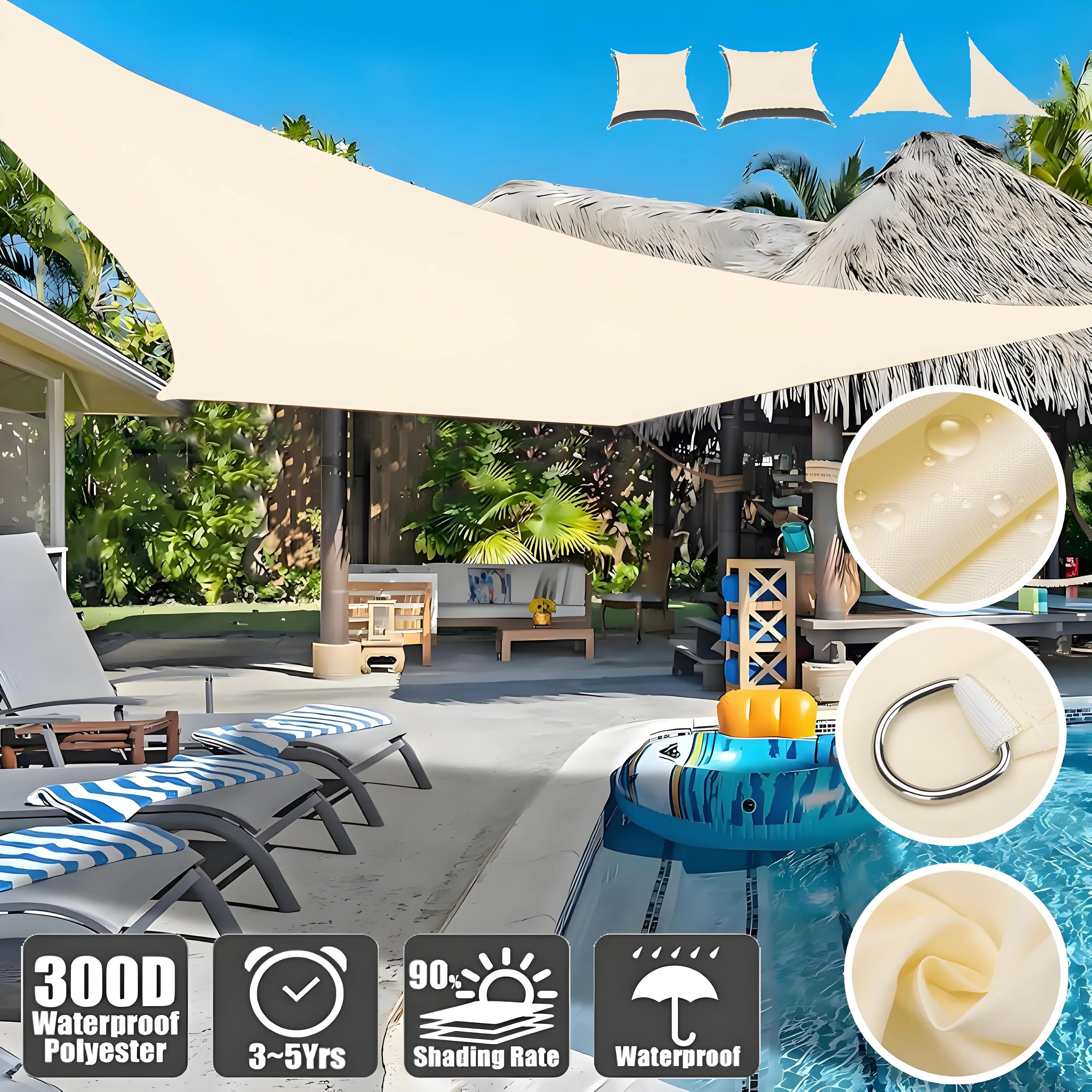 Beige Heavy Duty Sun Shade Sail Rectangle Triangle Canopy Cloth Waterproof Awning UV Resistant Carport Patio Outdoor Sunscreen