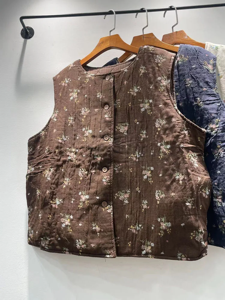 Chaleco de algodón Thiened para mujer de invierno con estampado Floral versátil Jaet redondo Ne cierre de un solo botón algodón 00% Faionable