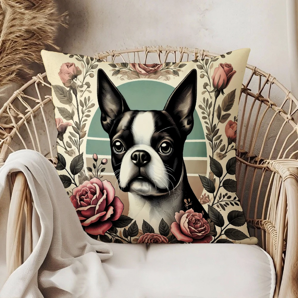Square Throw Pillow Case Beige Boston Terrier Dog With Vintage Roses Floral Frame Print For Living Room Sofa Bedroom Home Decor