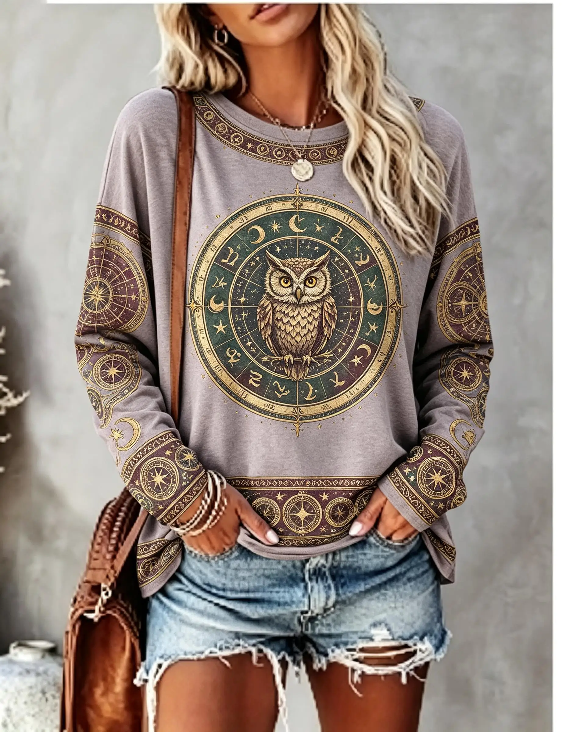Women Long Sleeve T‑Shirt Zodiac Star Chart Compass Moon Mystical Bohemian Print Crew Neck Casual Fall Tops