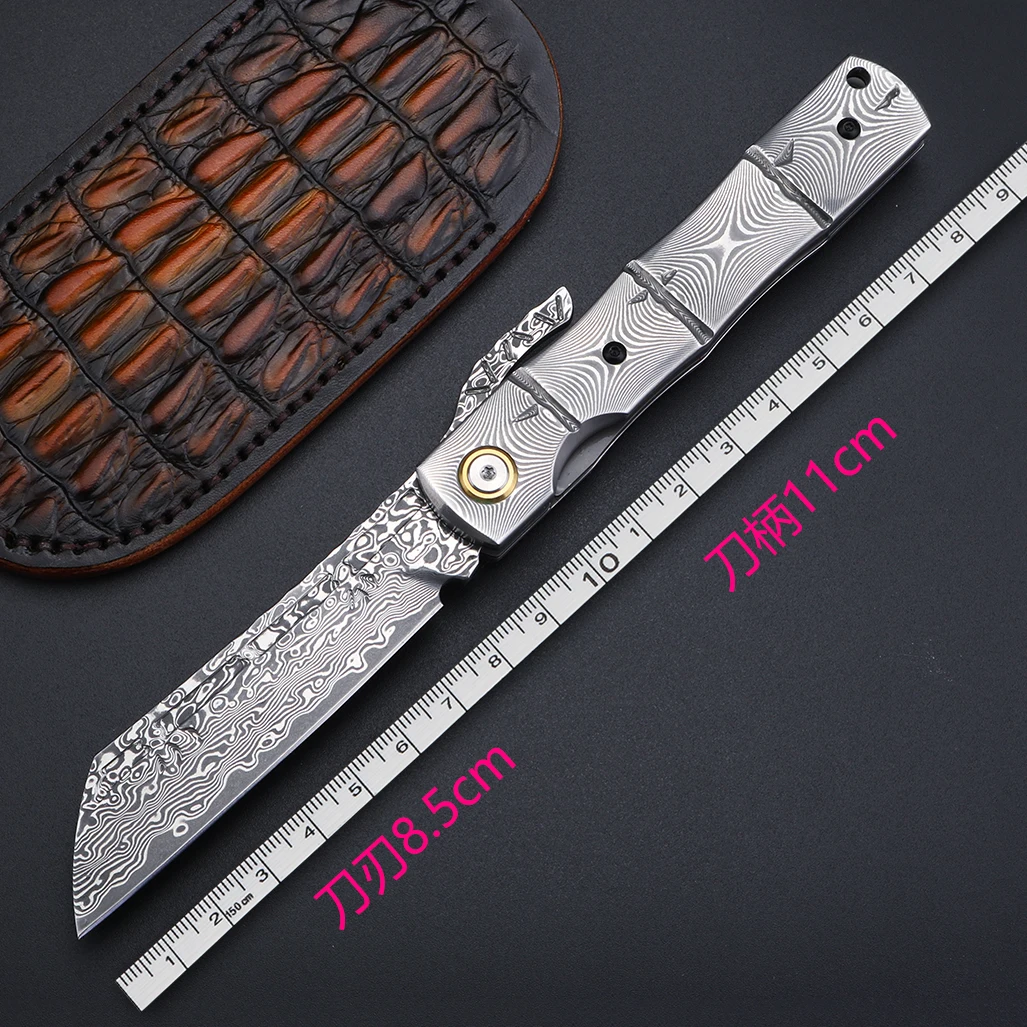 Damascus folding knife high hardness outdoor knife camping EDC tool knife including crocodile leather cover