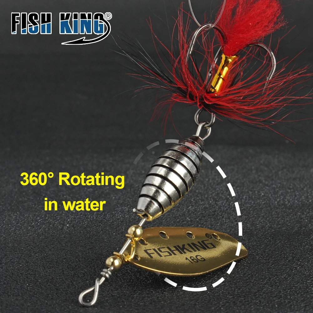 FISH KING 1PCS/2PCS Spinner Lure 6g/12g/16g Bait Metal Brass Spoon Hard Lure Feather Treble Hook Fake Lure Fishing Tackle Pesca