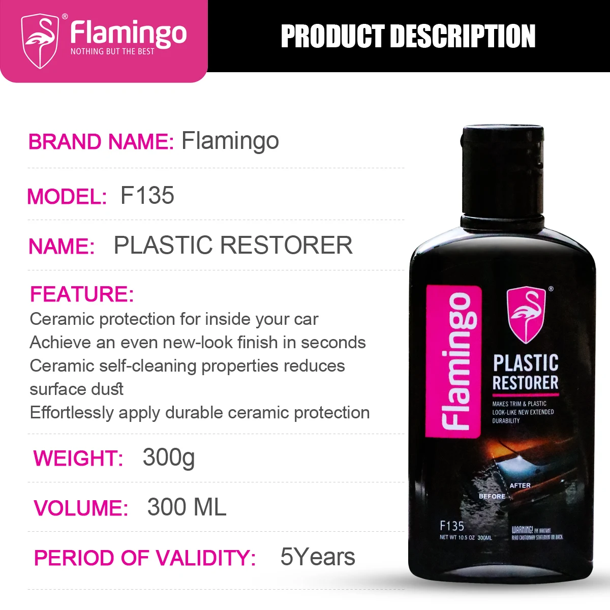 Flamingo-restaurador de plástico, agente de revestimento, reparação exterior, limpeza, restauração, brilho preto, F135, 300ml