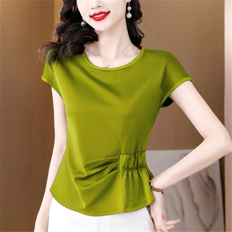 2023 Summer Women High Quality Satin Ruffled Elegant T Shirt Fashion Office Ladies O Neck Solid Short Sleeve Tops Ropa De Mujer