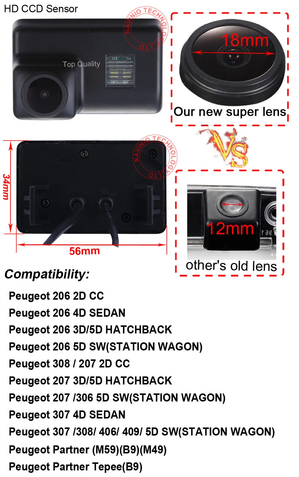 1280*720 Pixels HD car rear view backup camera For Peugeot 206 207 306 307 308 406 407 409 5008 Partner Tepee