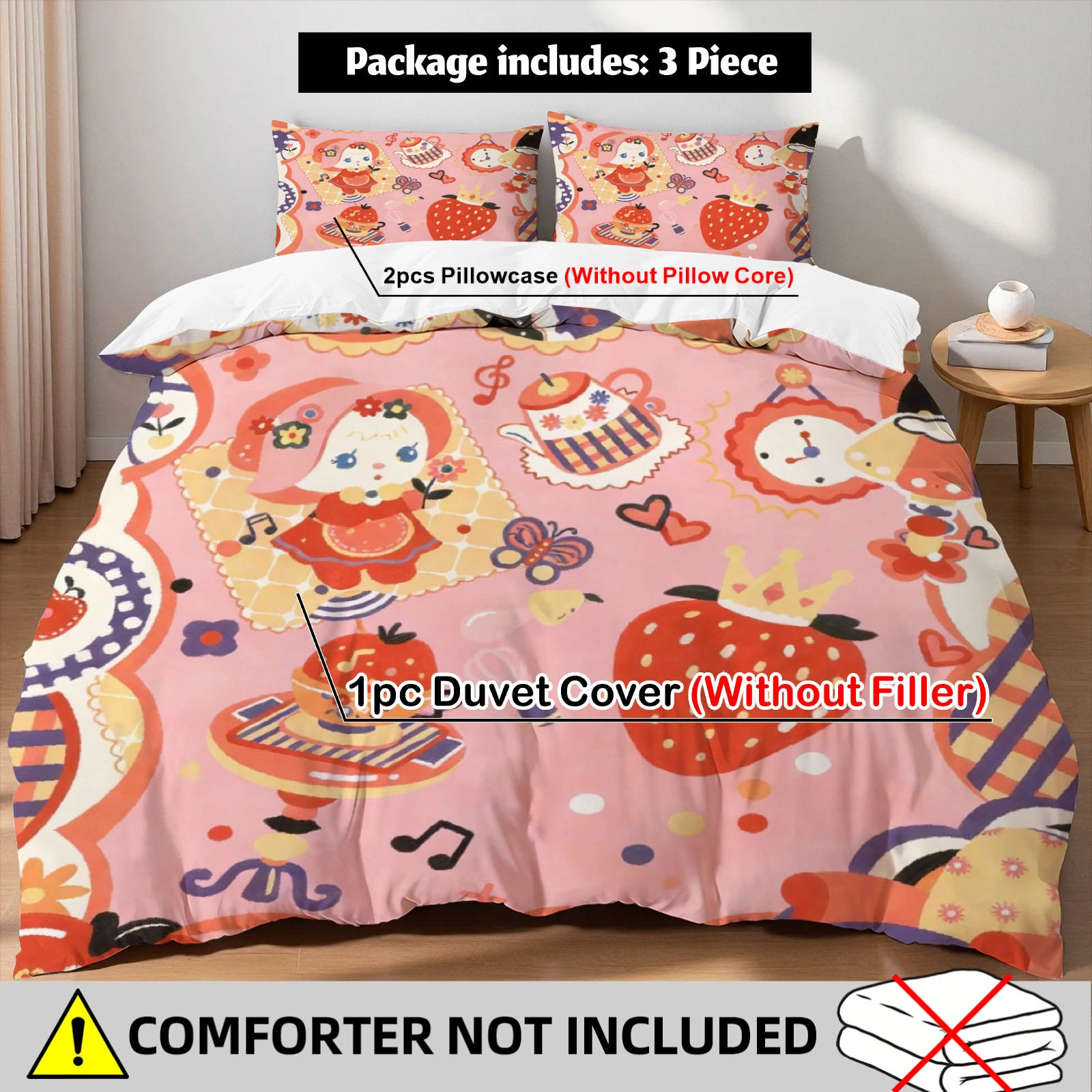 

Cute Strawberry Duvet Cover Set 2 Pillowcases Pink Red Cartoon Sweet Girls Bedroom Decor Birthday Gift For Teens Twin Queen King