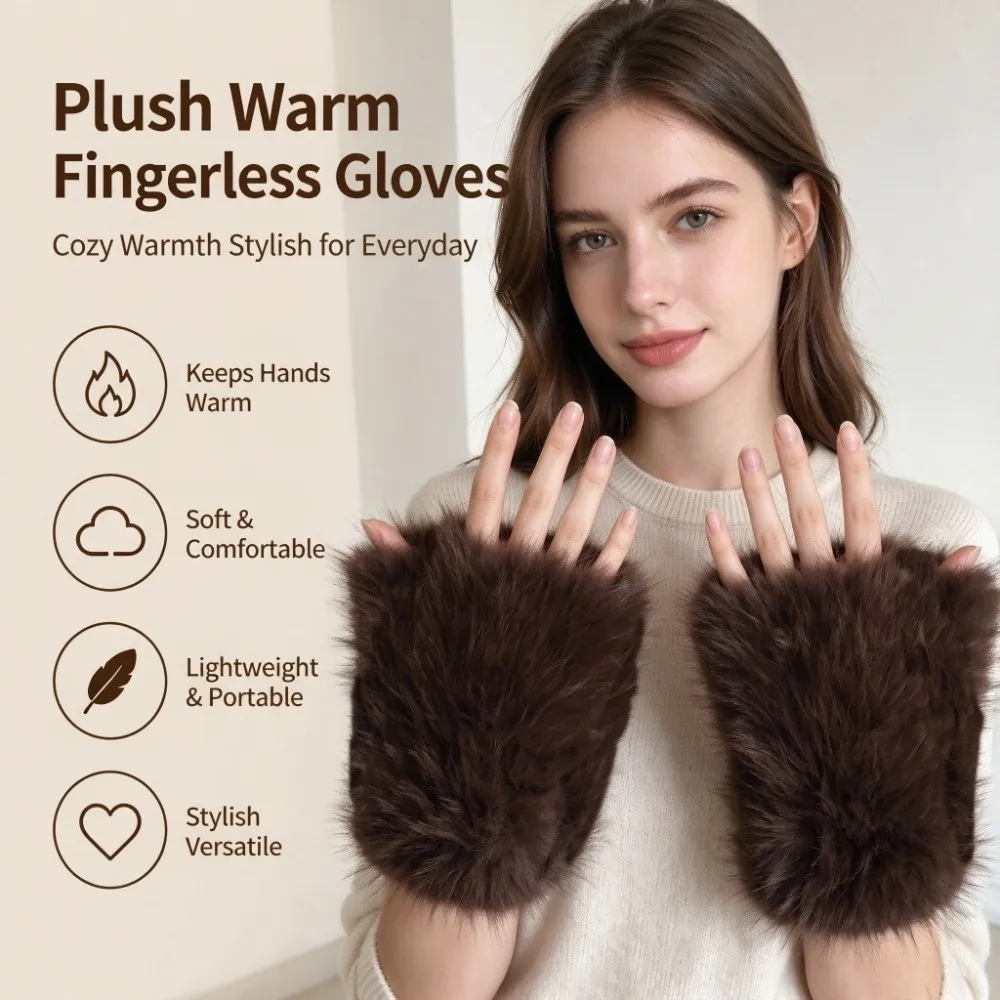 Casual Double Sided Faux Fur Fingerless Gloves Soft Thermal Half Finger Gloves Elegant Plush Reversible Gloves Women
