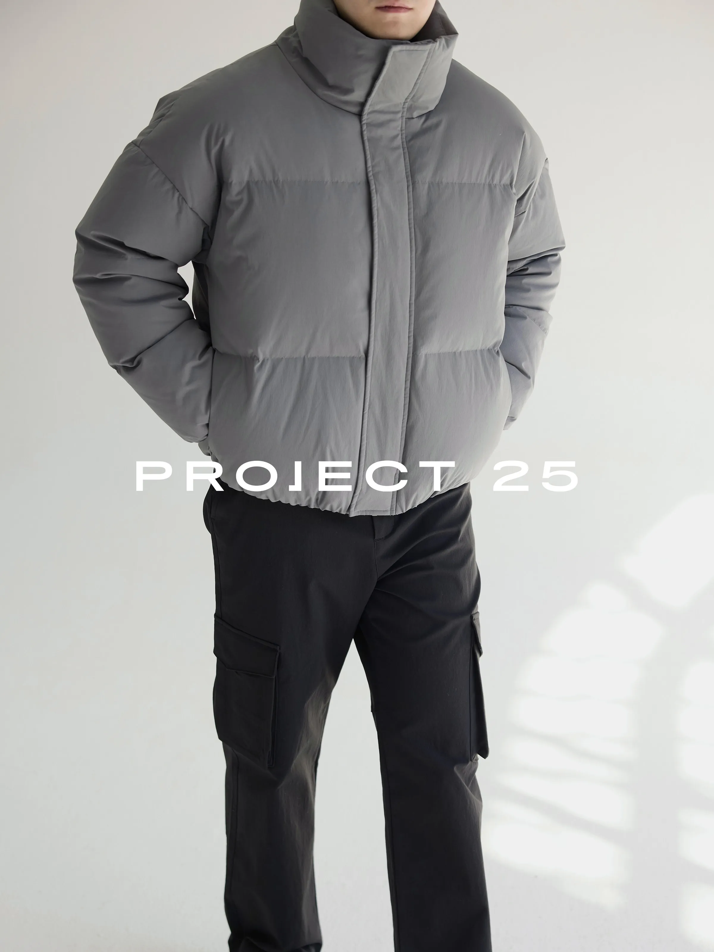 PROJECT 25 Jaket Pendek Pria Baru Isi 90% Bulu Bebek Putih, Bahan Nilon Bertekstur 3-Lapisan, Kerah Tinggi, Model Longgar, Hangat