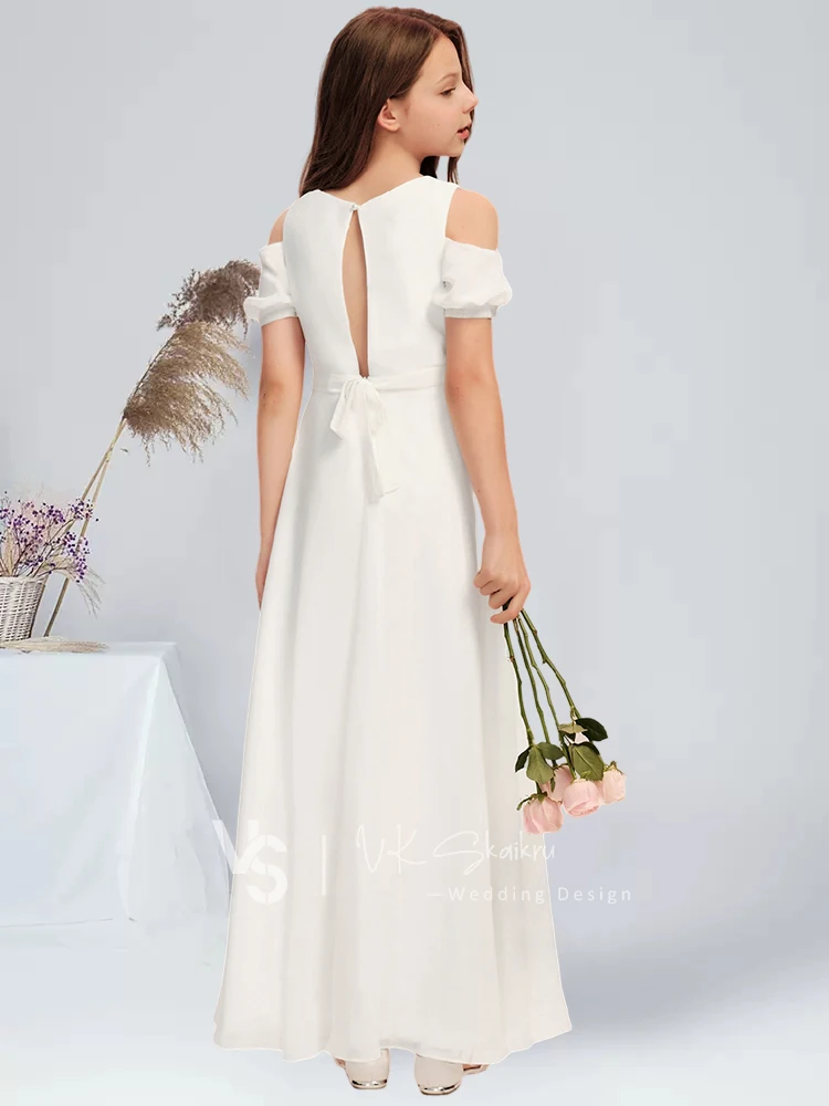 GDF A-line Scoop Floor-Length Chiffon Junior Bridesmaid Dress With Bow Ivory Flower Girl Dress Summer Communion Dress Juniors