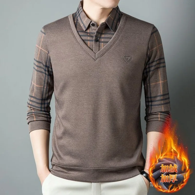 Men Fake Two Pieces Polo Shirts with Fleece Warm Winter Wear Casual Business Long Sleeve T-shirts Autumn Clothing for Wholesales