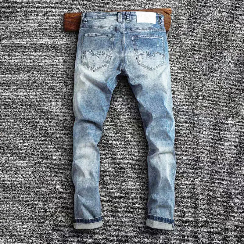 Fashion Designer Men Jeans High Quality Retro Light Blue Stretch Slim Fit Ripped Jeans Men Vintage Trousers Denim Pants Hombre