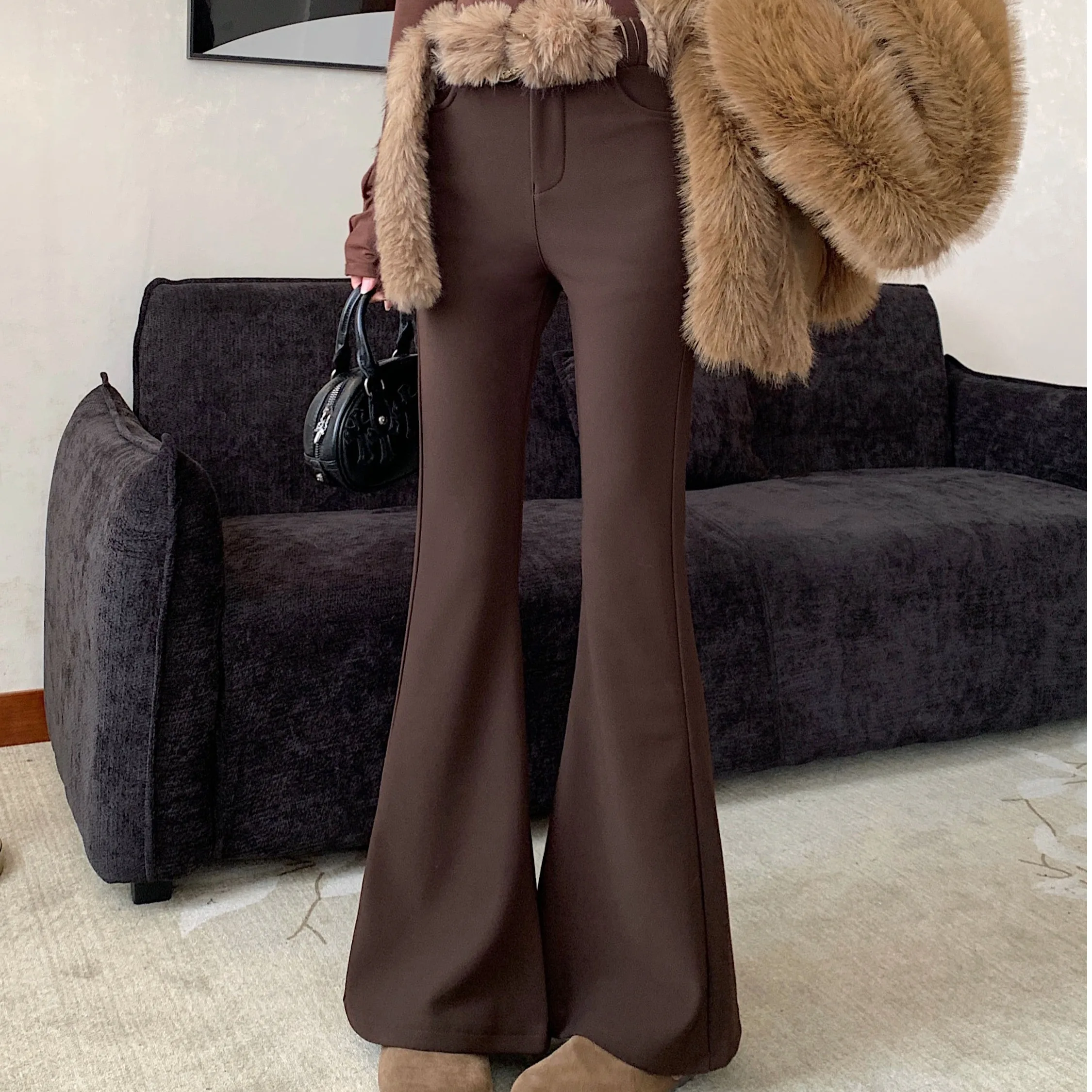 Frauen Hohe Taille Fce Gefüttert Thiened Herbst Winter Bell Bot Casual Hosen Abnehmen Micro Ausgestelltes Lange Hosen