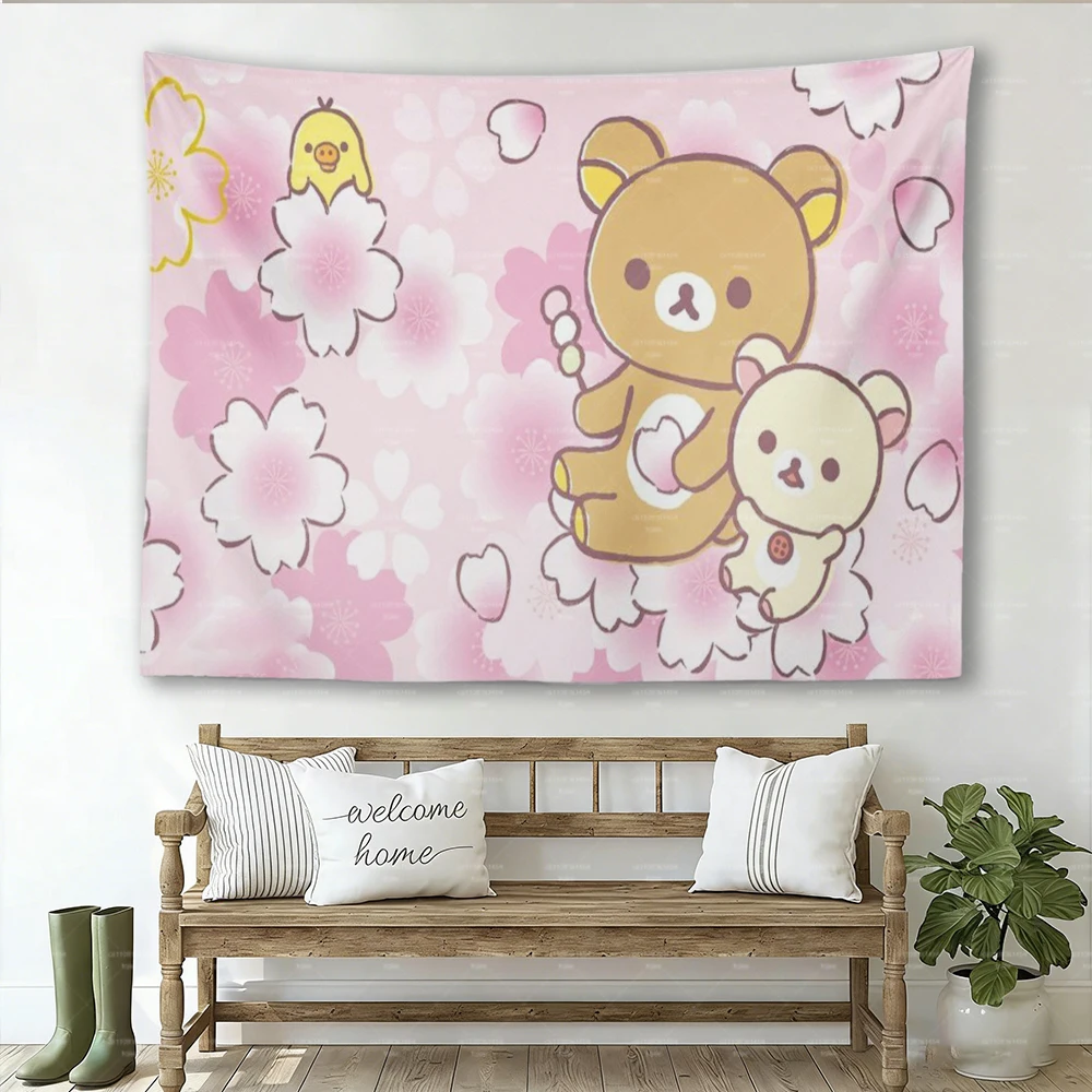 Kawaii Kirschblüten-Bär Blumen-Wandteppich Niedliche Ästhetische Wanddekoration für Studentenzimmer