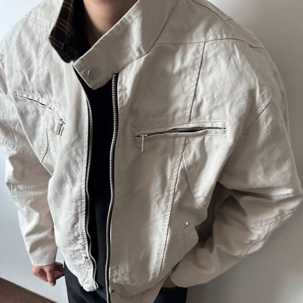 Spring and Autumn Splicing Plaid Collar Jacket Men's Retro Trend Tooling Casual Jacket