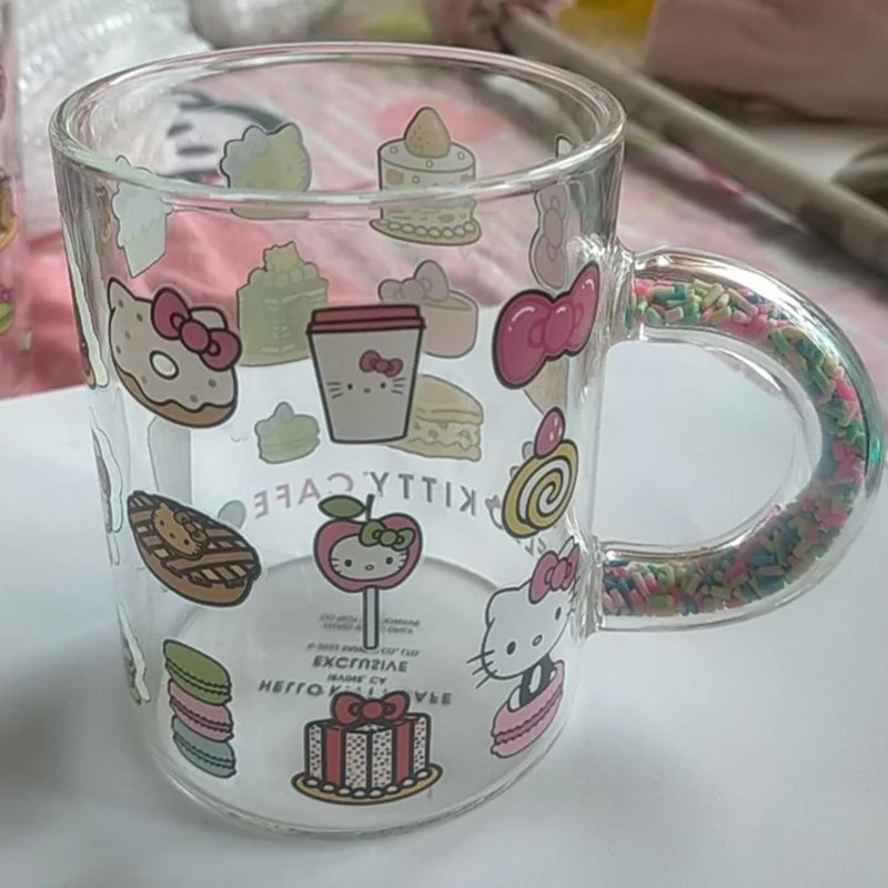 Kawaii Sanrio Y2k Hello Kittys Glass Cup Cute Cartoon Printed Kitten Creative Home Coffee Milk Couple Water Cup New 300ml Gifts