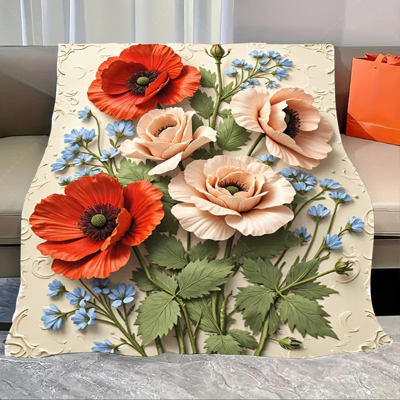

1pc Flannel Blanket Elegant Floral Poppy Print Soft Throw Blanket for Cozy Living Room Decor