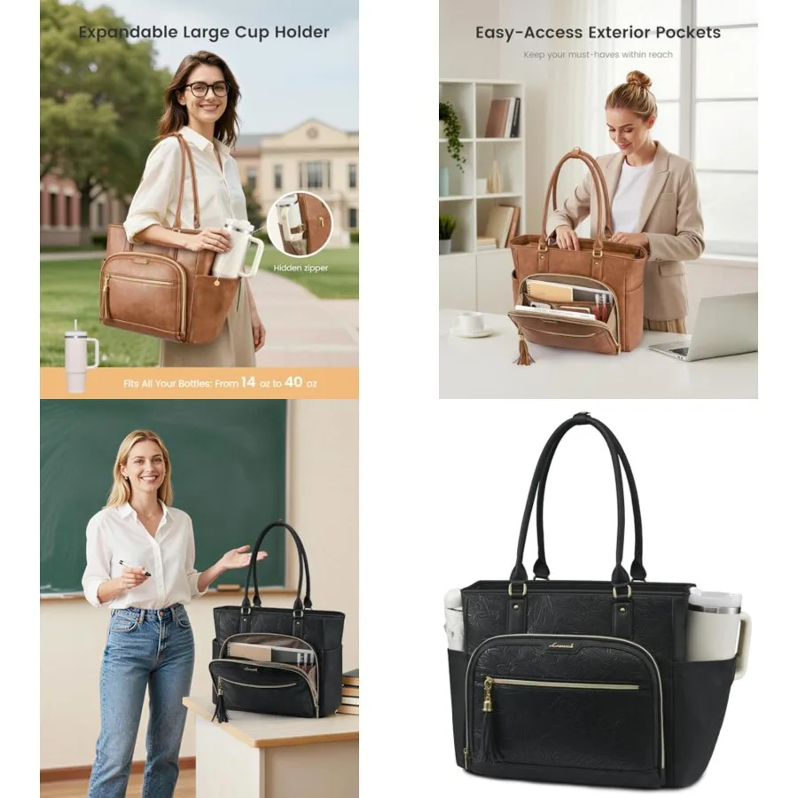 

Laptop Tote Bag for Women With Large Cup Holder, Vintage Leather Work Tote Bag for Teacher Nurse, Waterproof Professional Compu