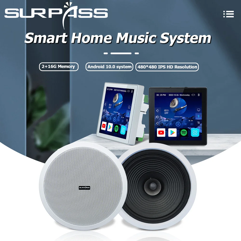 Smart Audio System Android 10.0 WiFi In Wall Amplifier Bluetooth Touch Screen Audio Wall Plate Full Range Ceiling Speaker Kit