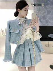 High Quality Fashion Tassel Design Small Fragrance 2 Piece Sets Women Outfit Long Sleeve Short Jacket Coat + Pleated Skirt Suits