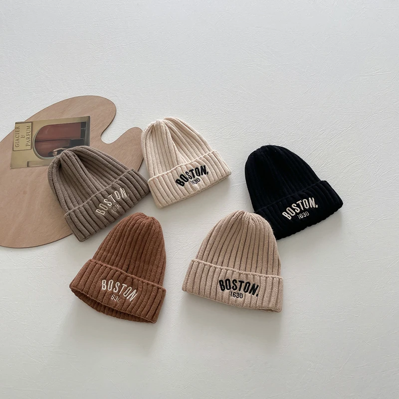 Fashion Letter Kids Knitted Beanie Autumn Winter Child Warm Hat For Boy Girl Solid Color Woolen Crochet Bonnet Baby Skullies Cap