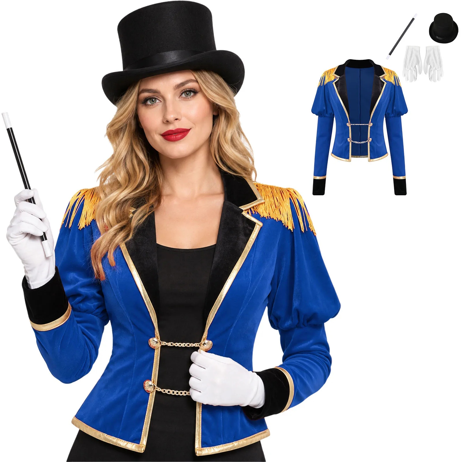 Women Long Sleeve Velvet Circus Ringmaster Magician Showman Jacket Coat Halloween Theme Party Carnival Stage Performance Costume