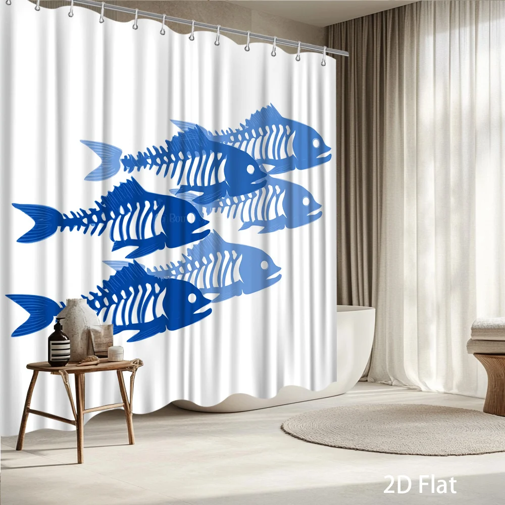 Blue Fish Skeleton Shower Curtain – 2D Flat Print, Fade-Resistant Polyester, 12 Hooks, 70.8