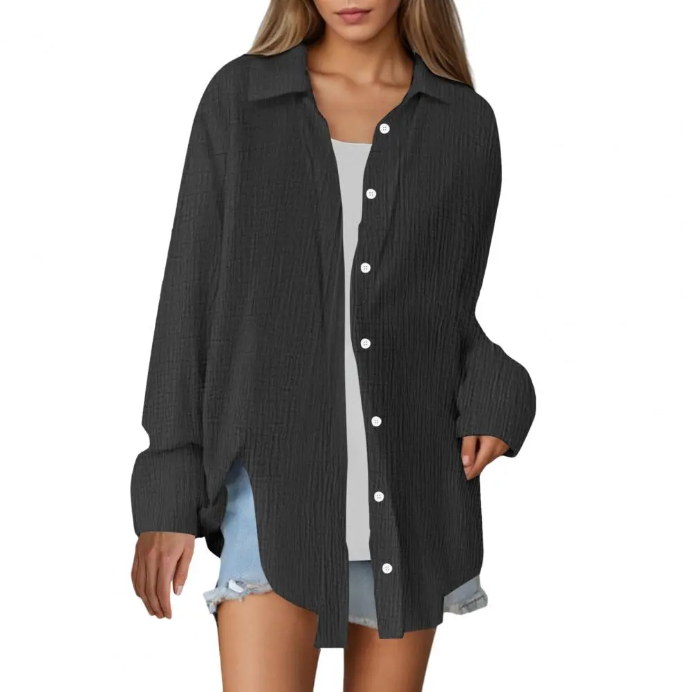 Women Long-sleeve Top Stylish Women's Lapel Long Sleeve Shirt with Button Placket Solid Color Loose Fit Top for Easy Care