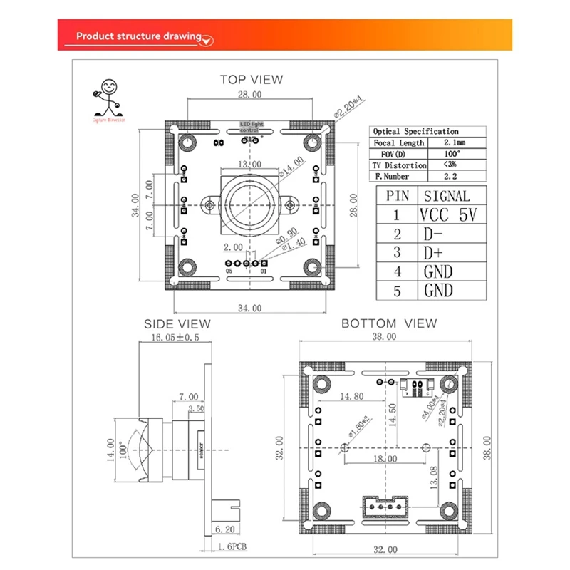 3 pezzi modulo telecamera da 100 gradi 1MP OV9732 1280X720 USB driver gratuito messa a fuoco manuale con cavo da 0,5 metri per Winxp/7/8/10