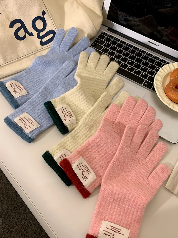 Korean Style Patchwork Cashmere Knitted Gloves Women Winter Outdoor Warm Long Touchscreen Fingertip Cycling Gloves