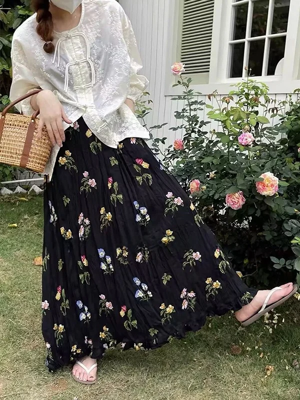 

Юбка А-силуэта с цветочным принтом для женщин больших размеров, весна-лето, с высокой талией, повседневная, для фигуры типа «груша»