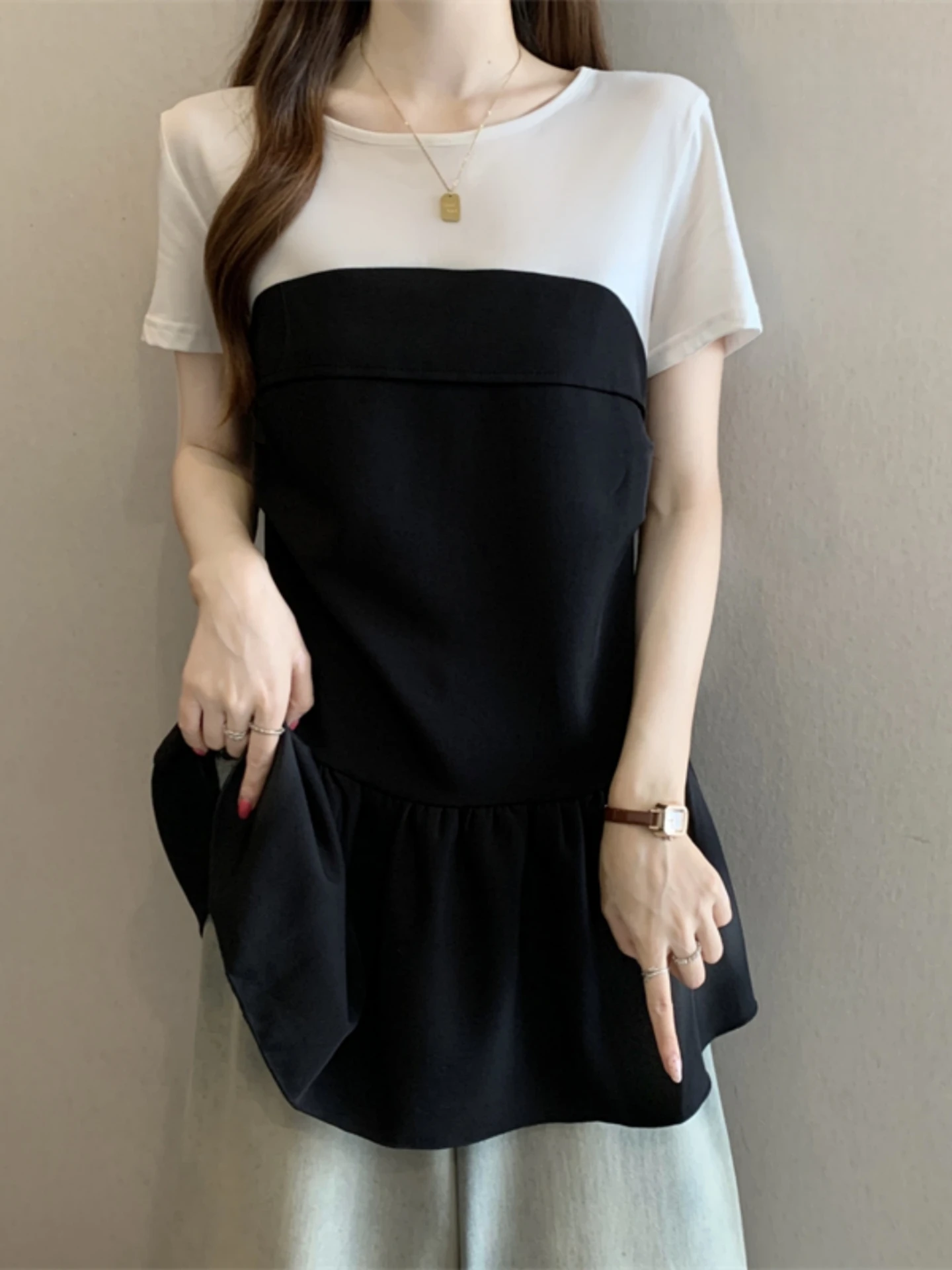 Summer Women's Short Sleeve T-Shirt Base Shirt Midi Skirt Bell Bottoms Splice Soft Comfortable Knitted round Neck Casual Top
