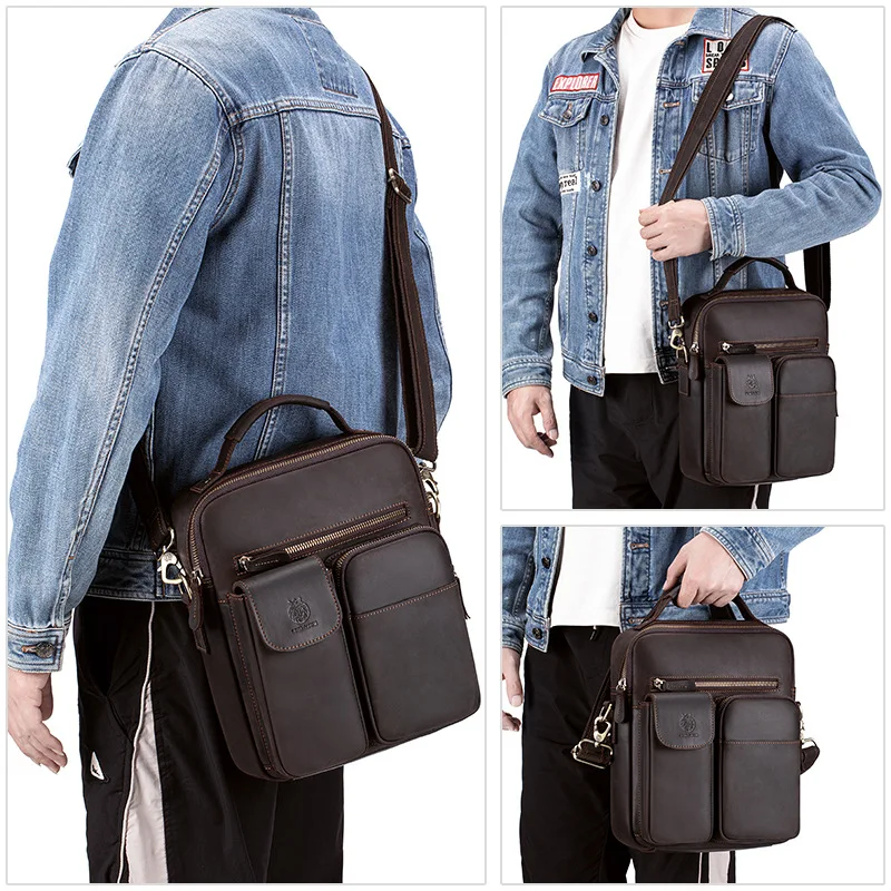 

Crazy Horse Leather Men's single-shoulder bag, genuine leather multi-pocket crossbody top layer cowhide handbag