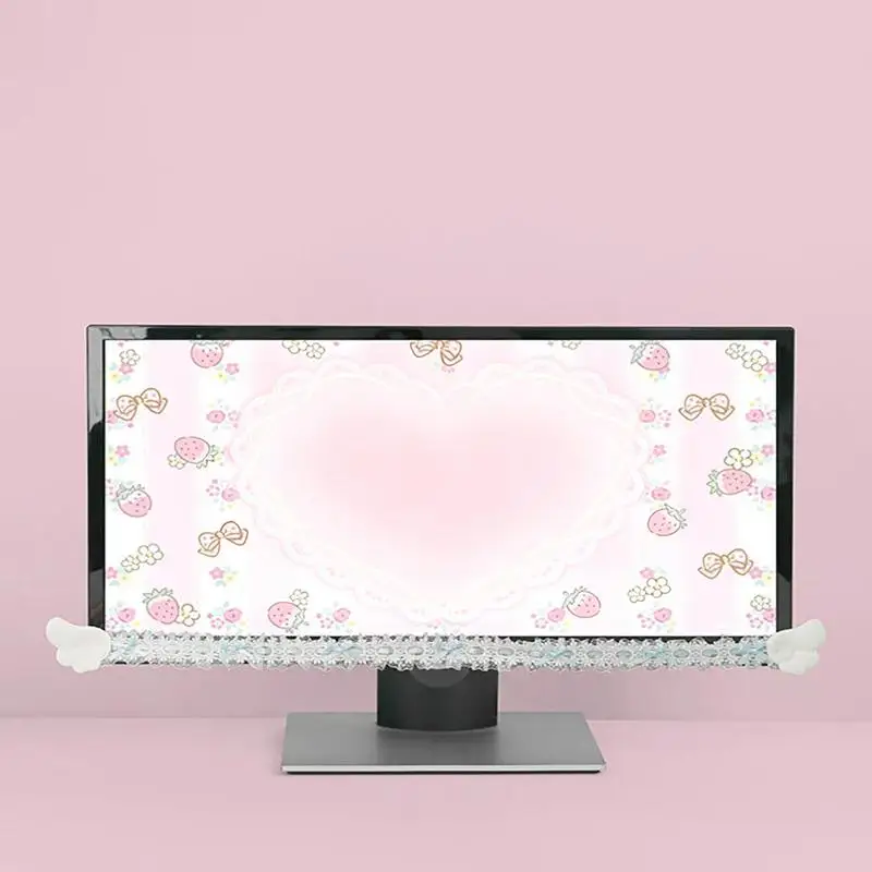 New Screen Decor Color Lace Monitor Trim With Plush Angel Wings Sweet Aesthetic Computer Decor For Home Office Gaming Desk