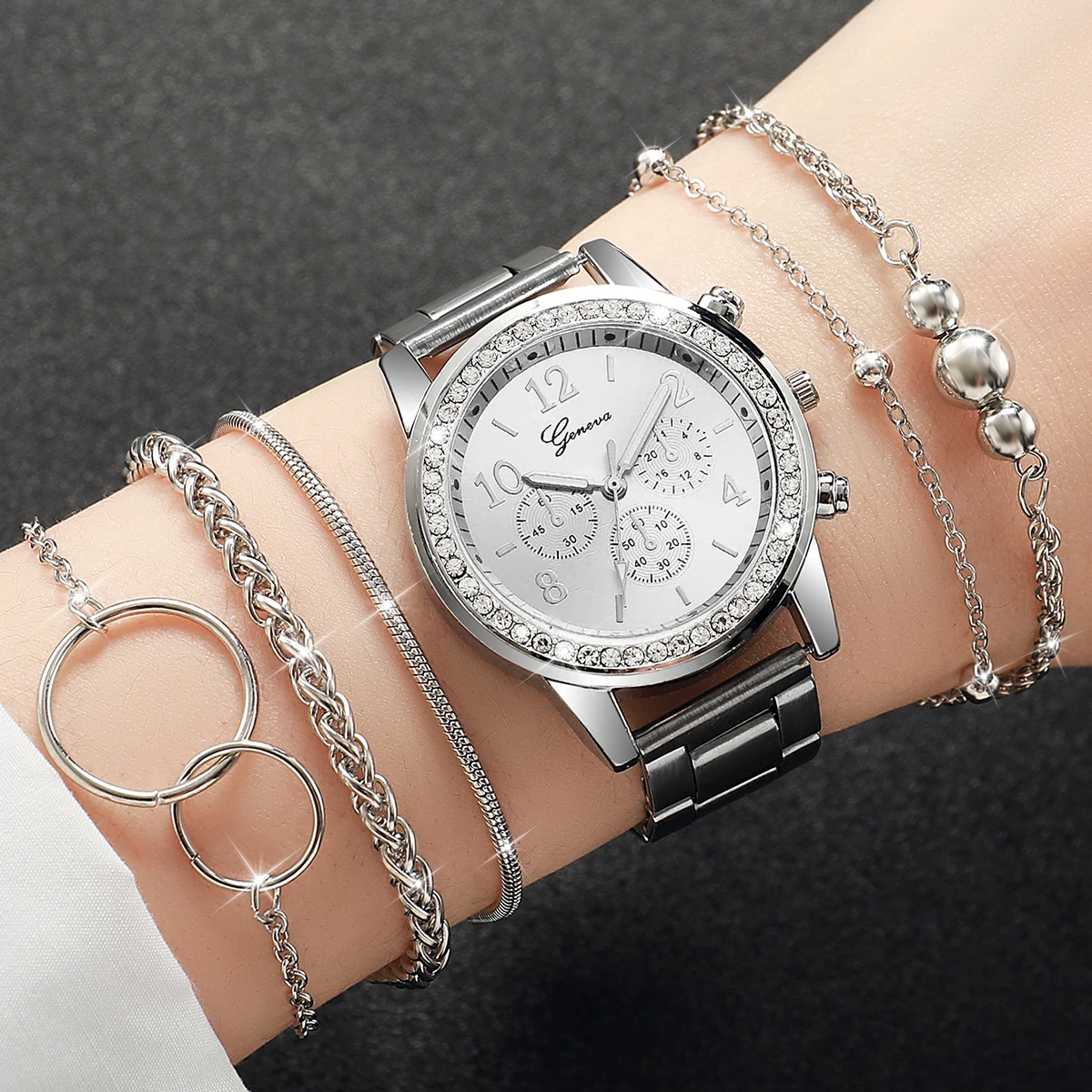 Silver Women's Watch Fashion Three Eyes Diamond Set Stainless Steel Quartz Watch Bracelet 6PCs/Set