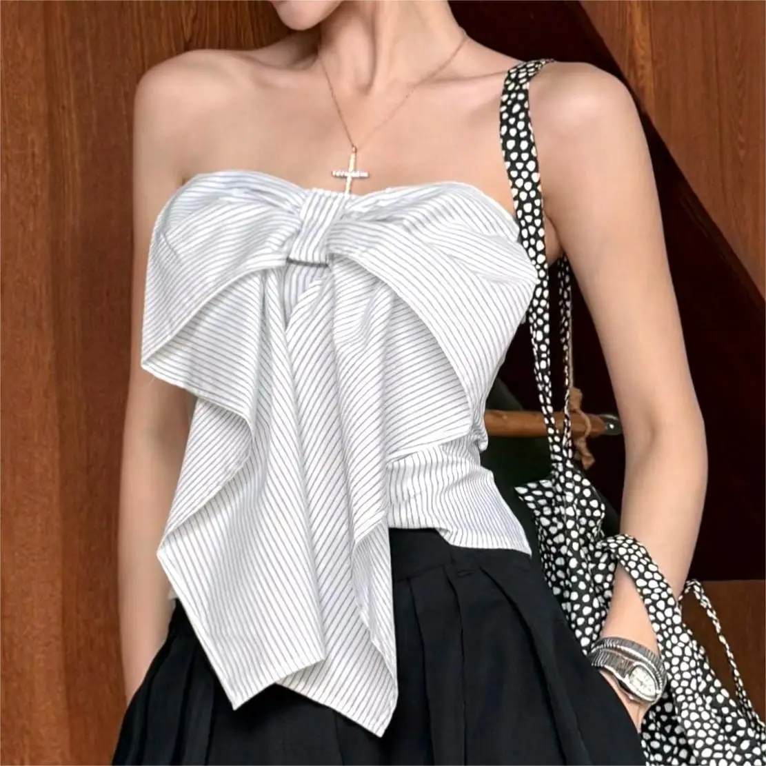 2026 Summer Women Bow Striped Spaghetti Strap Vest Slim Hot Girl Sleeveless Cropped Backless Top For Outdoor Daily Wear