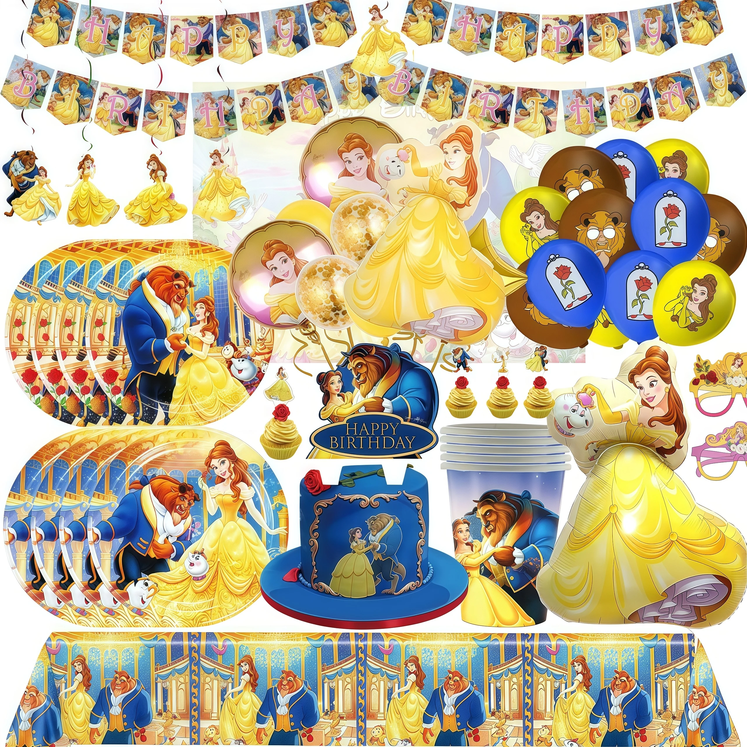 Décorations de fête d'anniversaire la Belle et la bête, princesse Belle pour filles, vaisselle, tasse, assiette, ballon, fournitures de réception-cadeau pour bébé, cadeau