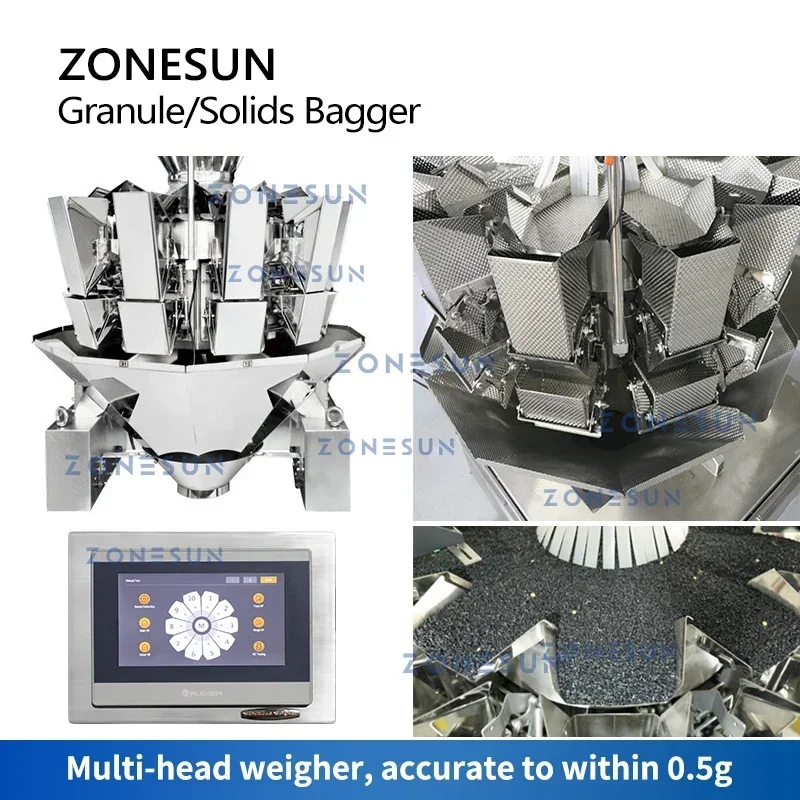 ZONESUN ZS GW10 Granulatverpackungsmaschine, Metalldetektor, Kontrollwaage, Z-Feeder, Verpackungsleitung für feste Lebensmittel