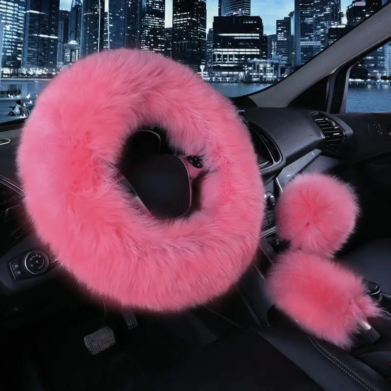 3PCS Set Real Wool Fur Soft Steering Wheel Covers Furry Long Hair Womens Winter Fashion Handle Cover Car Decoration Accessories