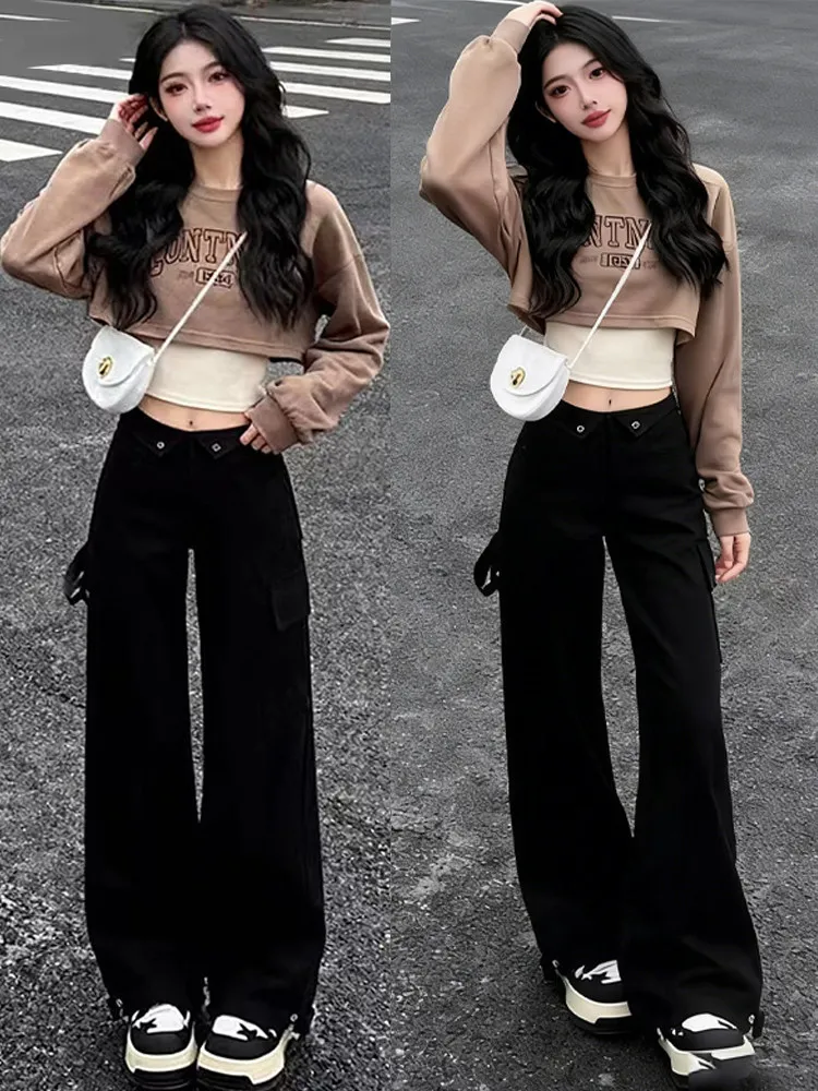 

Американский ретро-комплект рабочей одежды: модный женский весенний топ и брюки с широкими штанинами, комплект из двух предметов, трикотажный костюм с высокой талией и длинными рукавами