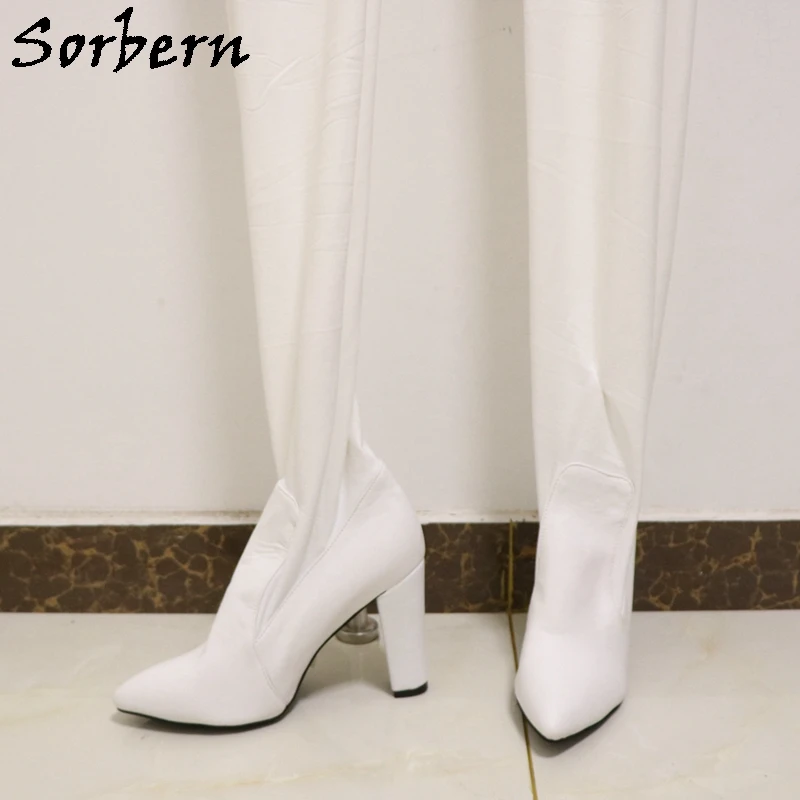 Sorbern White Matte Streched Body Suit Unisex Block High Heel Pointed Toe Long Sleeves With Fingers Lockable Zippers Custom