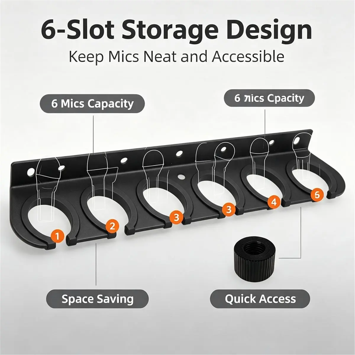 6-Slot Microphone Holder, Wall Rack and Stand Bracket Organizer for Wired and Wireless Mics, with 3/8 Thread