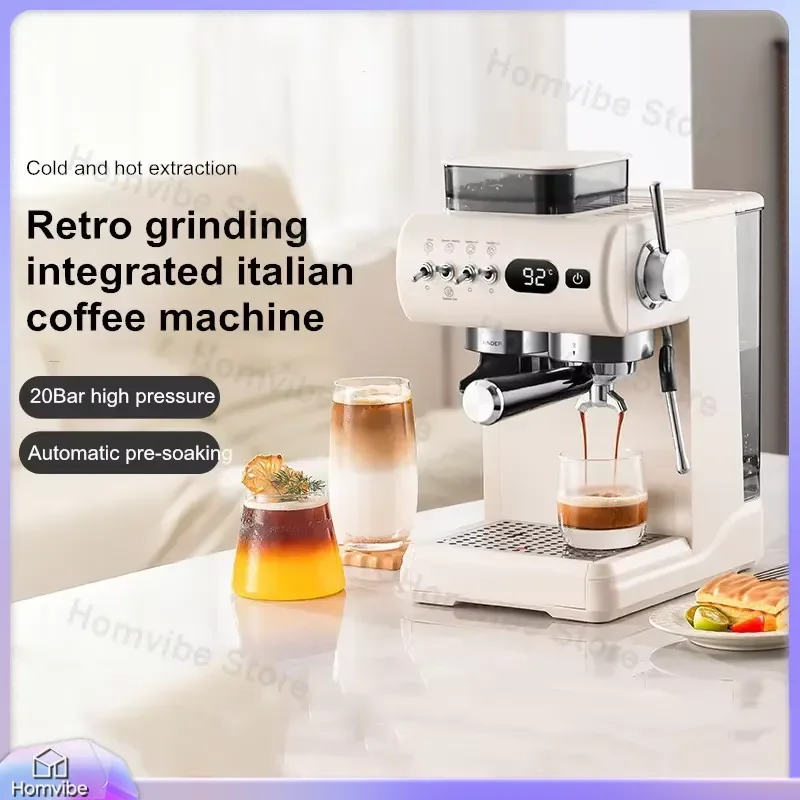 Semi-Automatic Espresso Machine 20 Bar Pressure Built-in Grinder Cold Hot Brew Dual Extraction Compact Coffee Maker for Home