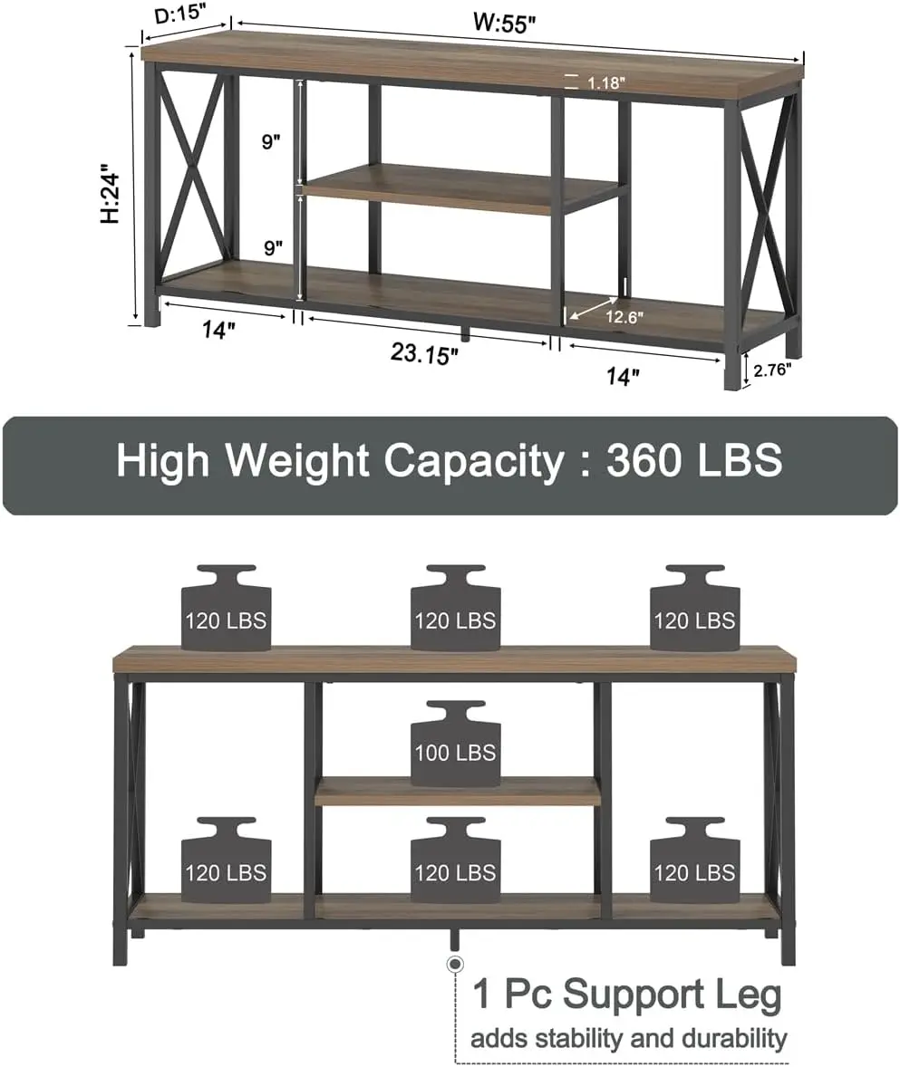 Foluban-Support TV pour télévision jusqu'à 65 pouces, centre de divertissement rustique en bois et métal avec étagères de rangement, médias industriels modernes