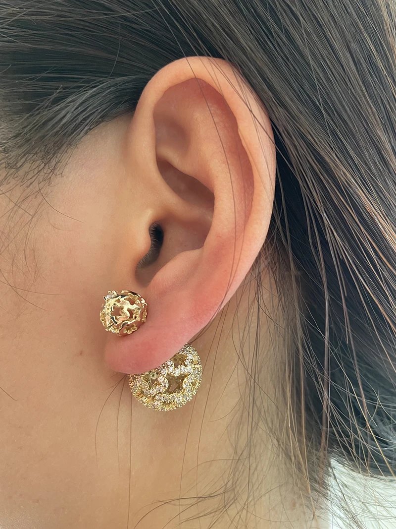 Luxury 16mm Hollow Ball Earrings High Quality Paved Cubic Zirconia Reversible Double Ball Stud Earrings Women Fashion Jewelry