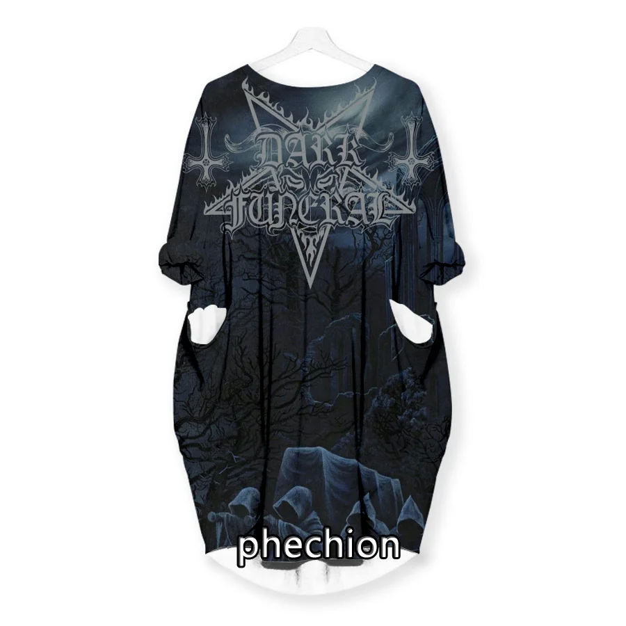 phechion New Fashion Dark Funeral Band 3D Print Dresses Casual Mid-length Dress Women Clothing Pocket Long Sleeve Tops T05