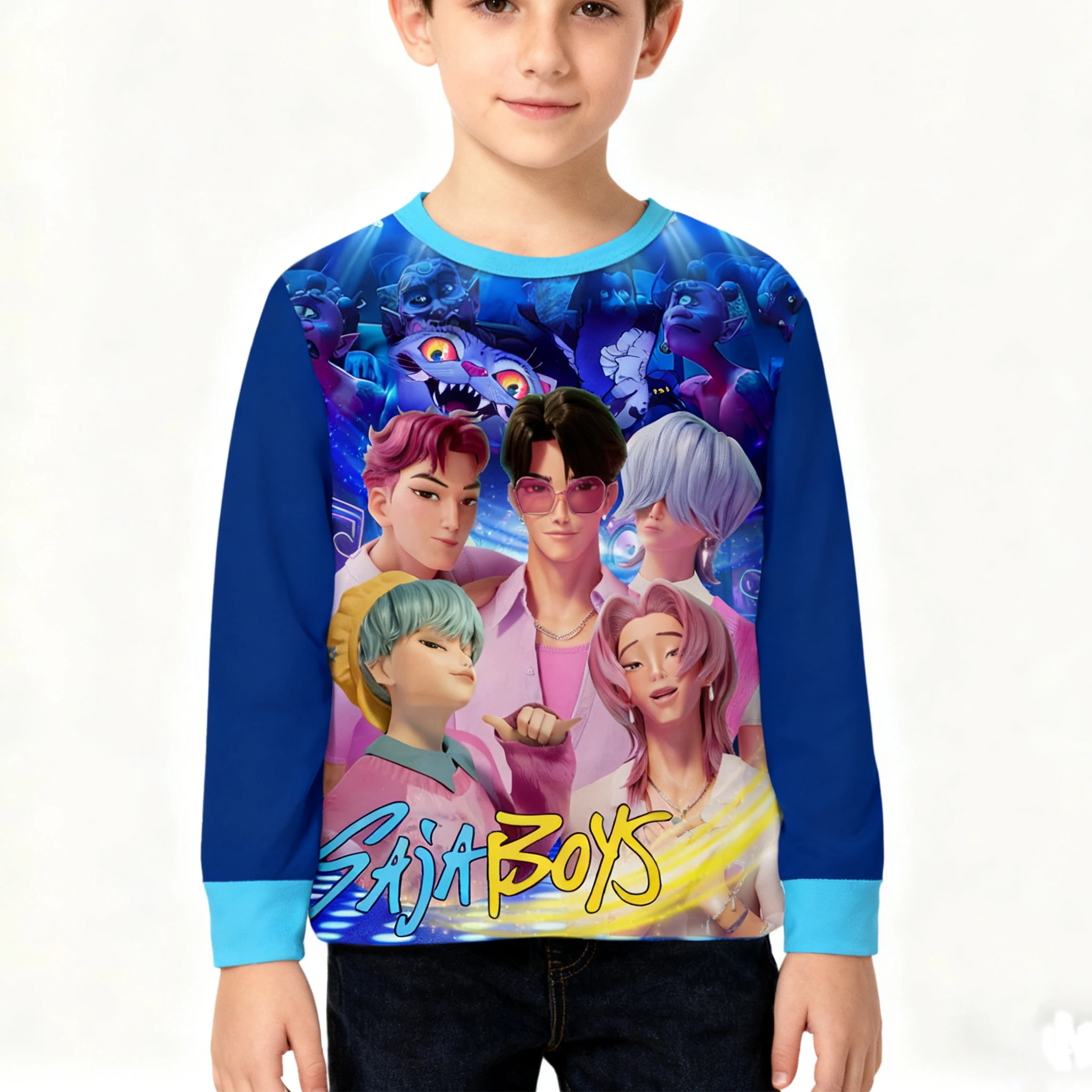 سترة بغطاء للرأس مطبوعة للأولاد من K-POP Saja للرجال والنساء والأطفال برقبة دائرية وأكمام طويلة معطف فضفاض للخريف والشتاء ملابس داخلية