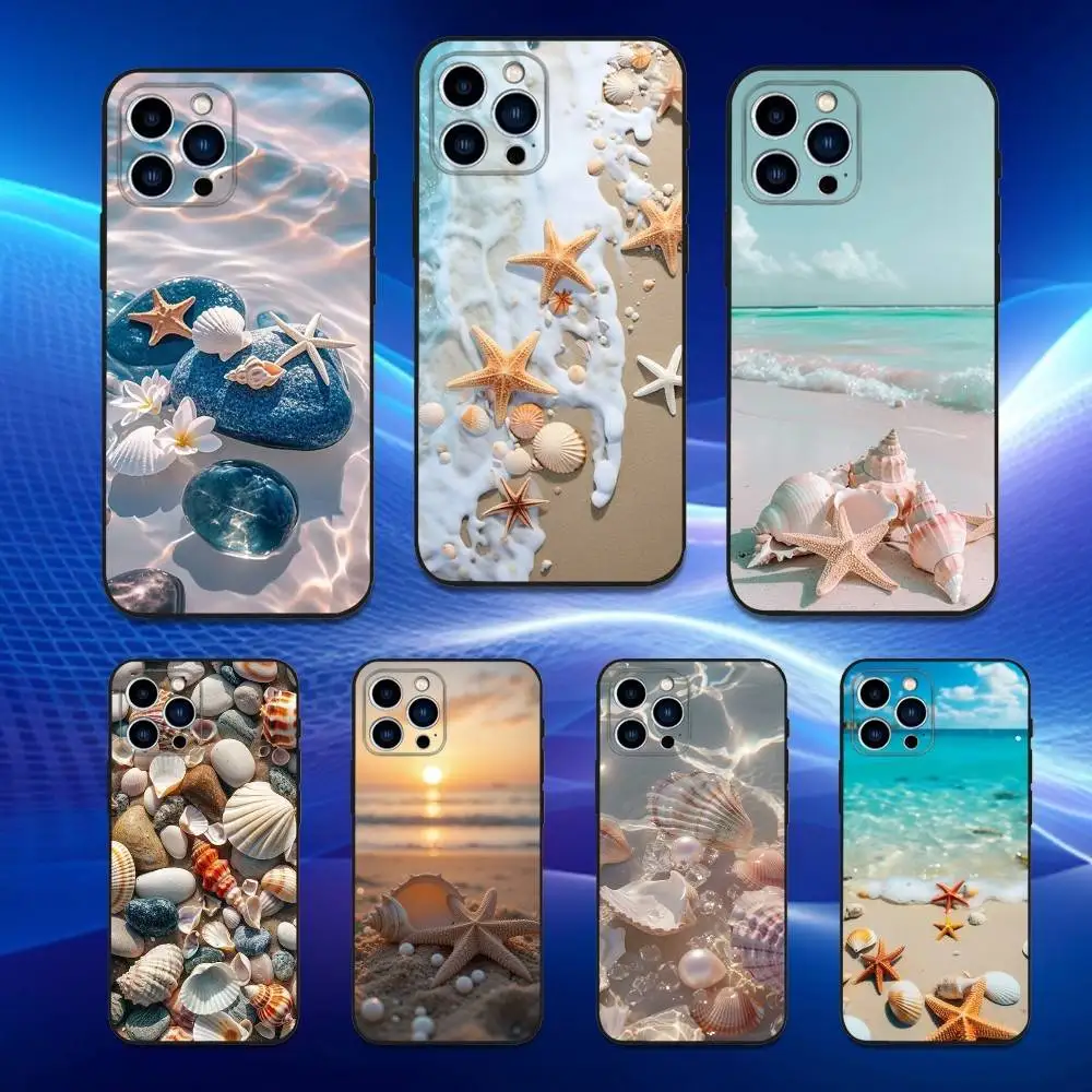 

Nature Beach Shells Starfish Phone Case For iPhone 16,15,14,13,12,11 Plus,Pro Max,XS,X,XR,SE,Mini,8,7,Soft Silicone Black Cover